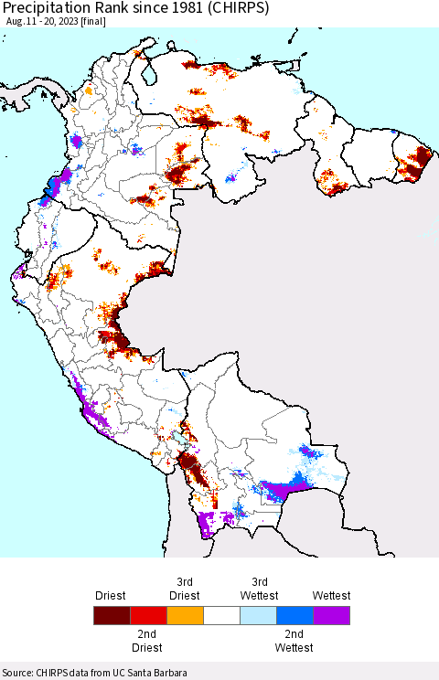 Northern South America Precipitation Rank since 1981 (CHIRPS) Thematic Map For 8/11/2023 - 8/20/2023