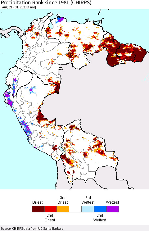 Northern South America Precipitation Rank since 1981 (CHIRPS) Thematic Map For 8/21/2023 - 8/31/2023