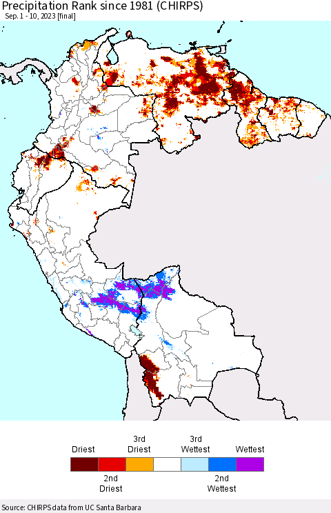 Northern South America Precipitation Rank since 1981 (CHIRPS) Thematic Map For 9/1/2023 - 9/10/2023