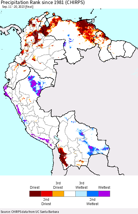 Northern South America Precipitation Rank since 1981 (CHIRPS) Thematic Map For 9/11/2023 - 9/20/2023