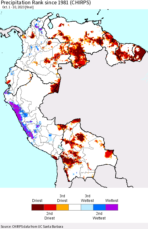 Northern South America Precipitation Rank since 1981 (CHIRPS) Thematic Map For 10/1/2023 - 10/10/2023
