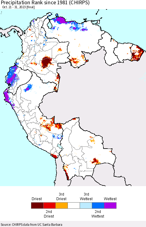 Northern South America Precipitation Rank since 1981 (CHIRPS) Thematic Map For 10/21/2023 - 10/31/2023