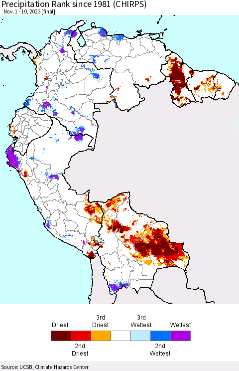 Northern South America Precipitation Rank since 1981 (CHIRPS) Thematic Map For 11/1/2023 - 11/10/2023
