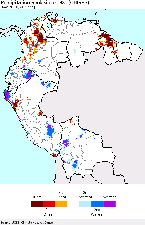 Northern South America Precipitation Rank since 1981 (CHIRPS) Thematic Map For 11/21/2023 - 11/30/2023