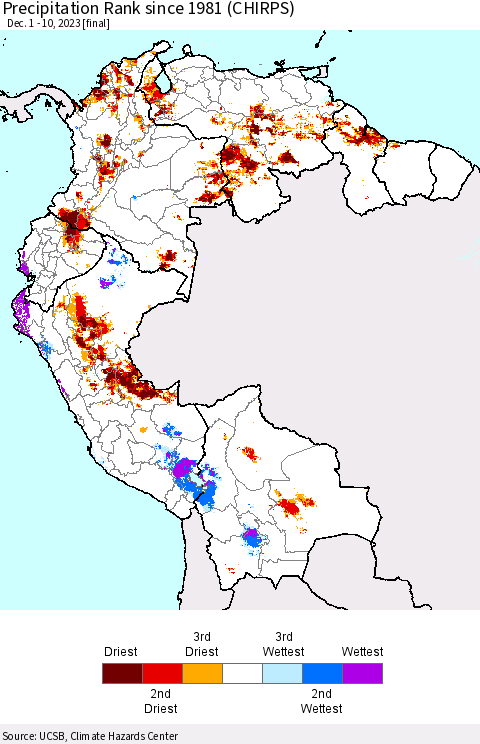 Northern South America Precipitation Rank since 1981 (CHIRPS) Thematic Map For 12/1/2023 - 12/10/2023