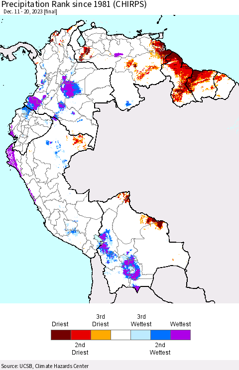 Northern South America Precipitation Rank since 1981 (CHIRPS) Thematic Map For 12/11/2023 - 12/20/2023