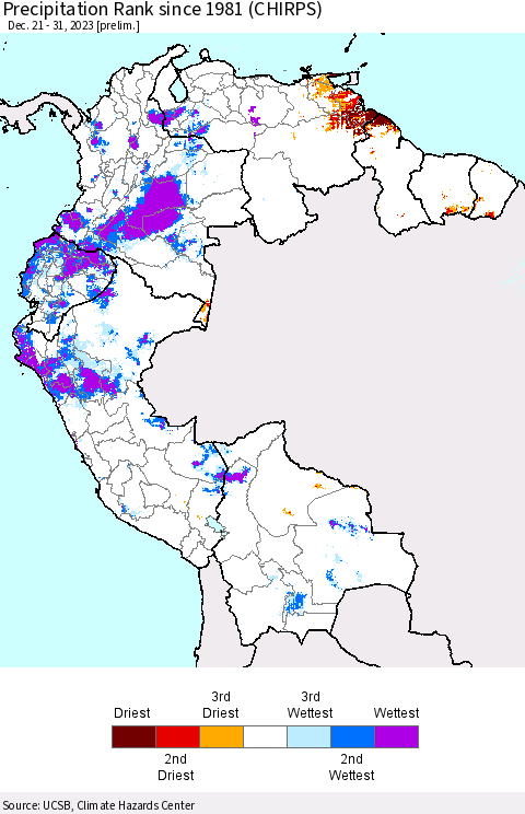 Northern South America Precipitation Rank since 1981 (CHIRPS) Thematic Map For 12/21/2023 - 12/31/2023