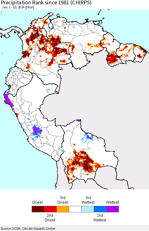 Northern South America Precipitation Rank since 1981 (CHIRPS) Thematic Map For 1/1/2024 - 1/10/2024