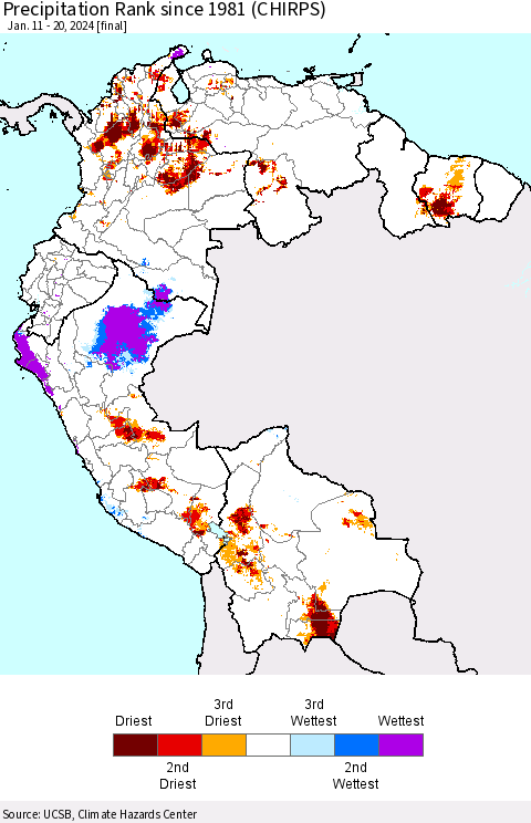 Northern South America Precipitation Rank since 1981 (CHIRPS) Thematic Map For 1/11/2024 - 1/20/2024