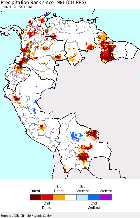 Northern South America Precipitation Rank since 1981 (CHIRPS) Thematic Map For 1/21/2024 - 1/31/2024
