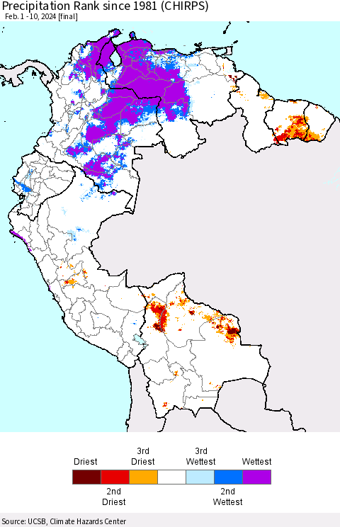 Northern South America Precipitation Rank since 1981 (CHIRPS) Thematic Map For 2/1/2024 - 2/10/2024