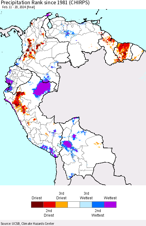 Northern South America Precipitation Rank since 1981 (CHIRPS) Thematic Map For 2/11/2024 - 2/20/2024