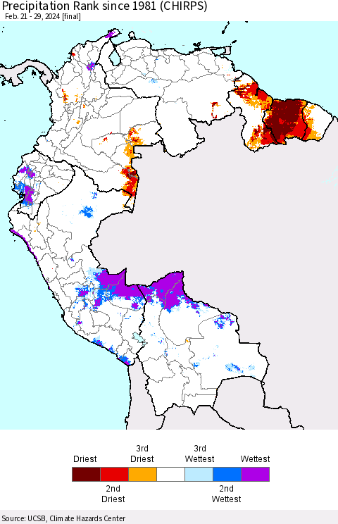 Northern South America Precipitation Rank since 1981 (CHIRPS) Thematic Map For 2/21/2024 - 2/29/2024
