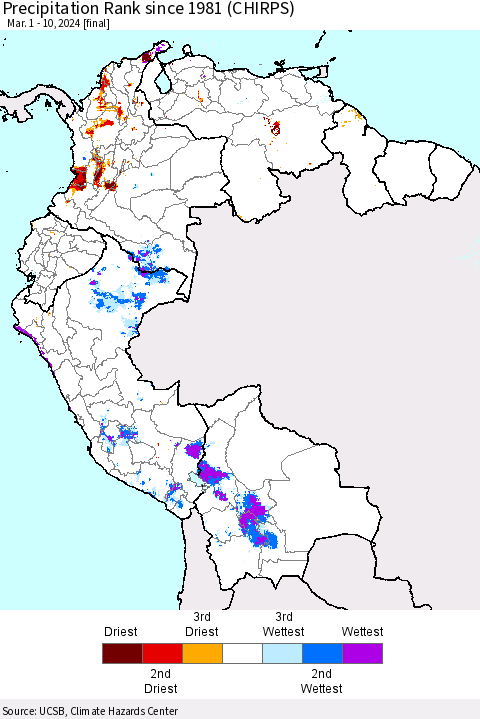 Northern South America Precipitation Rank since 1981 (CHIRPS) Thematic Map For 3/1/2024 - 3/10/2024