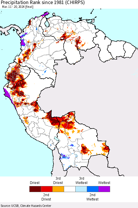 Northern South America Precipitation Rank since 1981 (CHIRPS) Thematic Map For 3/11/2024 - 3/20/2024