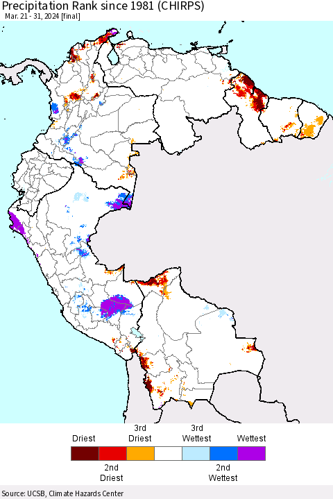 Northern South America Precipitation Rank since 1981 (CHIRPS) Thematic Map For 3/21/2024 - 3/31/2024