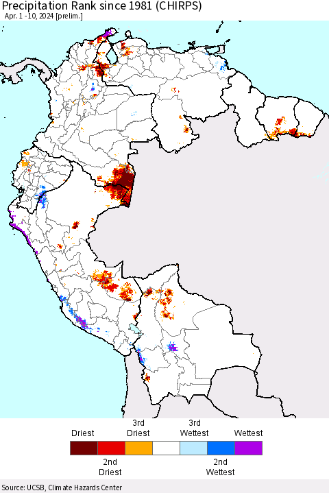 Northern South America Precipitation Rank since 1981 (CHIRPS) Thematic Map For 4/1/2024 - 4/10/2024