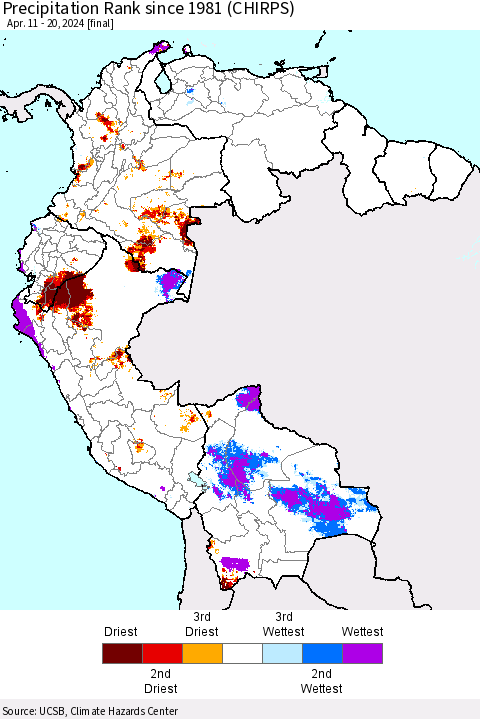 Northern South America Precipitation Rank since 1981 (CHIRPS) Thematic Map For 4/11/2024 - 4/20/2024