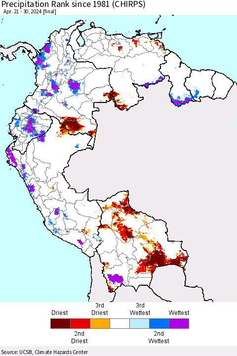 Northern South America Precipitation Rank since 1981 (CHIRPS) Thematic Map For 4/21/2024 - 4/30/2024