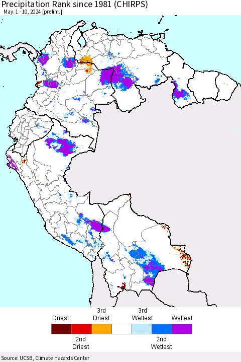 Northern South America Precipitation Rank since 1981 (CHIRPS) Thematic Map For 5/1/2024 - 5/10/2024