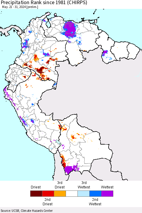Northern South America Precipitation Rank since 1981 (CHIRPS) Thematic Map For 5/21/2024 - 5/31/2024