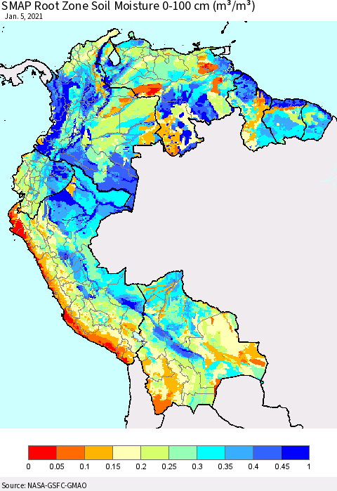Northern South America SMAP Root Zone (0-100 cm) Soil Moisture (m³/m³) Thematic Map For 1/1/2021 - 1/5/2021
