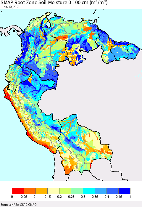 Northern South America SMAP Root Zone (0-100 cm) Soil Moisture (m³/m³) Thematic Map For 1/6/2021 - 1/10/2021