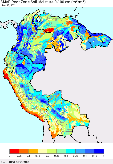 Northern South America SMAP Root Zone (0-100 cm) Soil Moisture (m³/m³) Thematic Map For 1/11/2021 - 1/15/2021