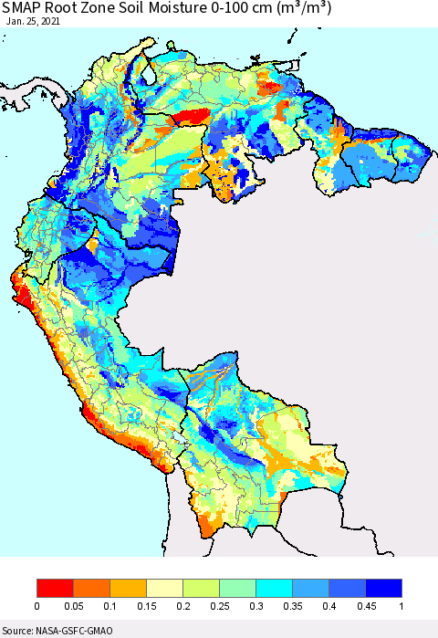 Northern South America SMAP Root Zone (0-100 cm) Soil Moisture (m³/m³) Thematic Map For 1/21/2021 - 1/25/2021