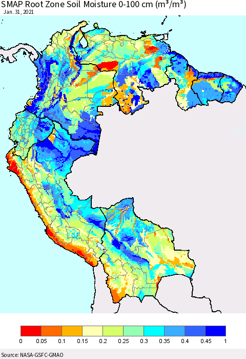 Northern South America SMAP Root Zone (0-100 cm) Soil Moisture (m³/m³) Thematic Map For 1/26/2021 - 1/31/2021