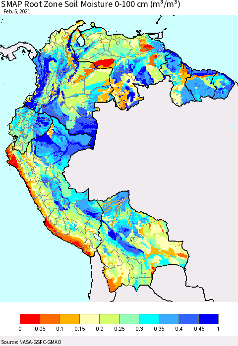 Northern South America SMAP Root Zone (0-100 cm) Soil Moisture (m³/m³) Thematic Map For 2/1/2021 - 2/5/2021