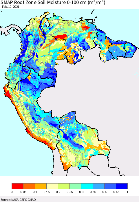 Northern South America SMAP Root Zone (0-100 cm) Soil Moisture (m³/m³) Thematic Map For 2/6/2021 - 2/10/2021