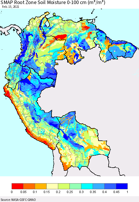 Northern South America SMAP Root Zone (0-100 cm) Soil Moisture (m³/m³) Thematic Map For 2/11/2021 - 2/15/2021