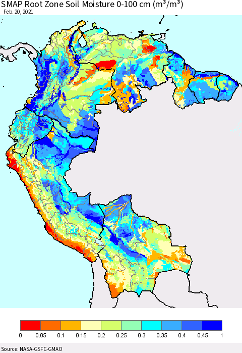 Northern South America SMAP Root Zone (0-100 cm) Soil Moisture (m³/m³) Thematic Map For 2/16/2021 - 2/20/2021