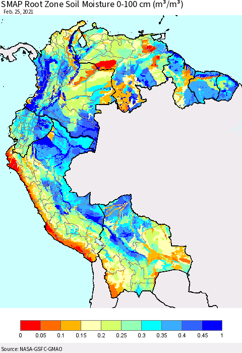Northern South America SMAP Root Zone (0-100 cm) Soil Moisture (m³/m³) Thematic Map For 2/21/2021 - 2/25/2021
