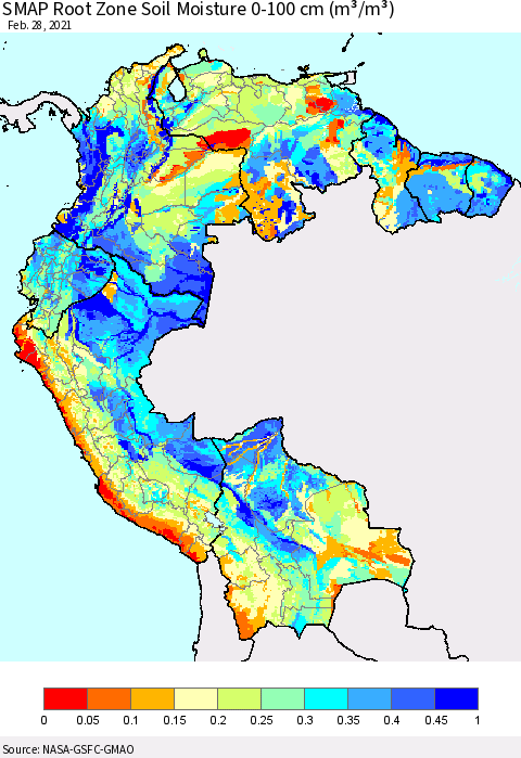 Northern South America SMAP Root Zone (0-100 cm) Soil Moisture (m³/m³) Thematic Map For 2/26/2021 - 2/28/2021