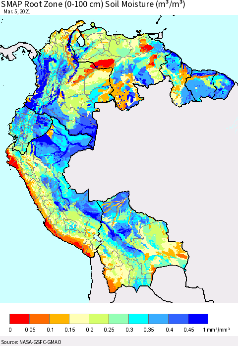 Northern South America SMAP Root Zone (0-100 cm) Soil Moisture (m³/m³) Thematic Map For 3/1/2021 - 3/5/2021