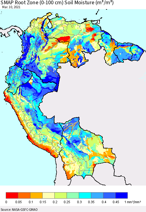 Northern South America SMAP Root Zone (0-100 cm) Soil Moisture (m³/m³) Thematic Map For 3/6/2021 - 3/10/2021