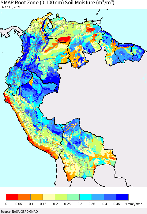Northern South America SMAP Root Zone (0-100 cm) Soil Moisture (m³/m³) Thematic Map For 3/11/2021 - 3/15/2021