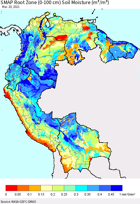 Northern South America SMAP Root Zone (0-100 cm) Soil Moisture (m³/m³) Thematic Map For 3/16/2021 - 3/20/2021
