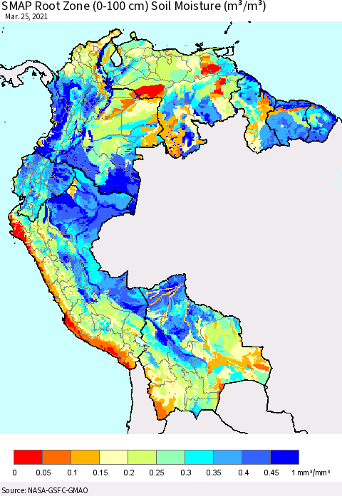 Northern South America SMAP Root Zone (0-100 cm) Soil Moisture (m³/m³) Thematic Map For 3/21/2021 - 3/25/2021