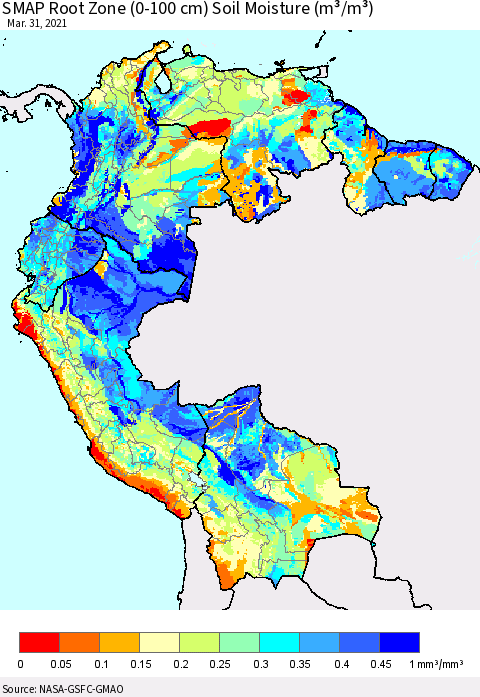 Northern South America SMAP Root Zone (0-100 cm) Soil Moisture (m³/m³) Thematic Map For 3/26/2021 - 3/31/2021
