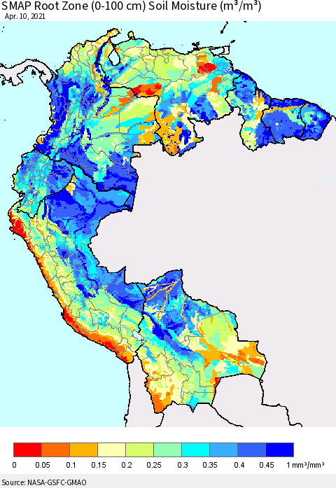Northern South America SMAP Root Zone (0-100 cm) Soil Moisture (m³/m³) Thematic Map For 4/6/2021 - 4/10/2021