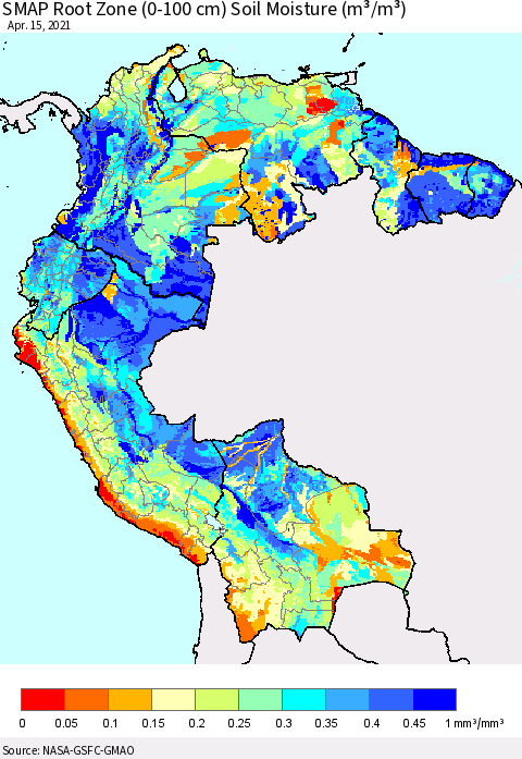 Northern South America SMAP Root Zone (0-100 cm) Soil Moisture (m³/m³) Thematic Map For 4/11/2021 - 4/15/2021