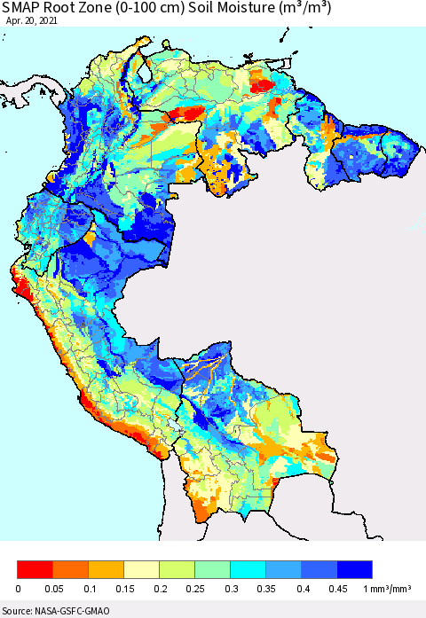 Northern South America SMAP Root Zone (0-100 cm) Soil Moisture (m³/m³) Thematic Map For 4/16/2021 - 4/20/2021