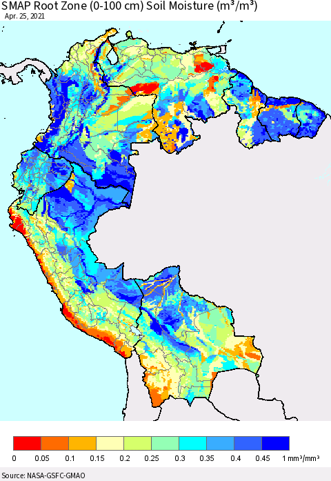 Northern South America SMAP Root Zone (0-100 cm) Soil Moisture (m³/m³) Thematic Map For 4/21/2021 - 4/25/2021