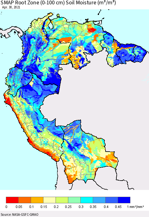 Northern South America SMAP Root Zone (0-100 cm) Soil Moisture (m³/m³) Thematic Map For 4/26/2021 - 4/30/2021