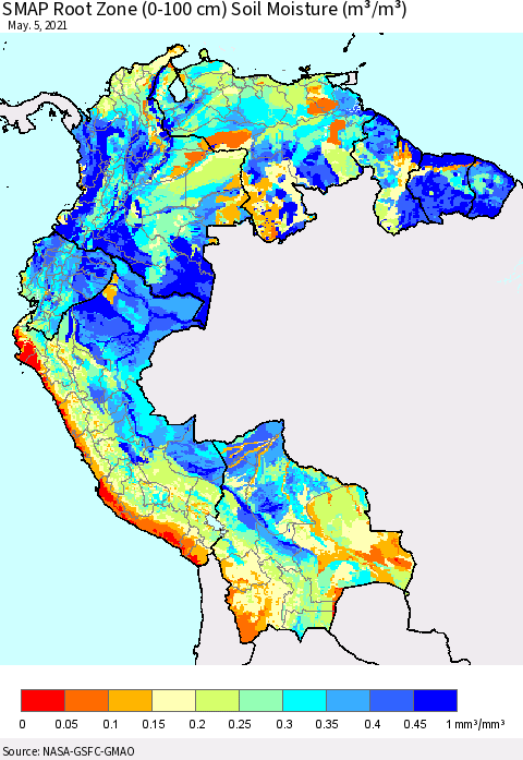 Northern South America SMAP Root Zone (0-100 cm) Soil Moisture (m³/m³) Thematic Map For 5/1/2021 - 5/5/2021