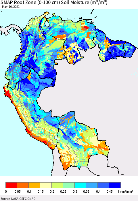 Northern South America SMAP Root Zone (0-100 cm) Soil Moisture (m³/m³) Thematic Map For 5/6/2021 - 5/10/2021