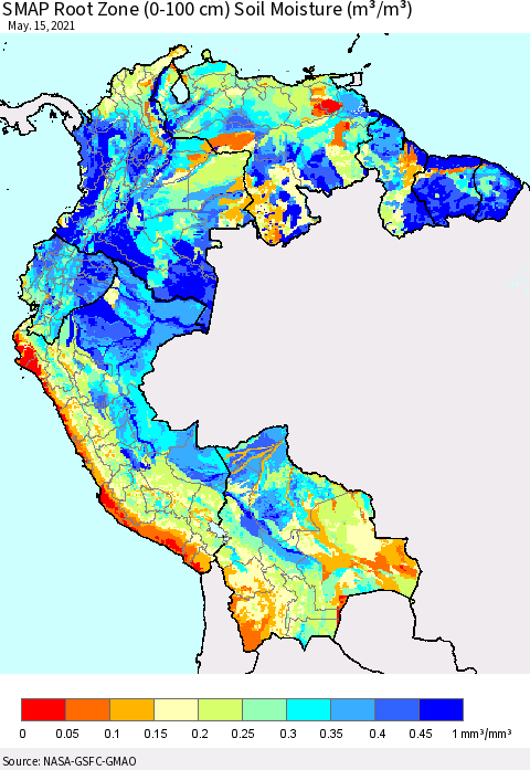 Northern South America SMAP Root Zone (0-100 cm) Soil Moisture (m³/m³) Thematic Map For 5/11/2021 - 5/15/2021